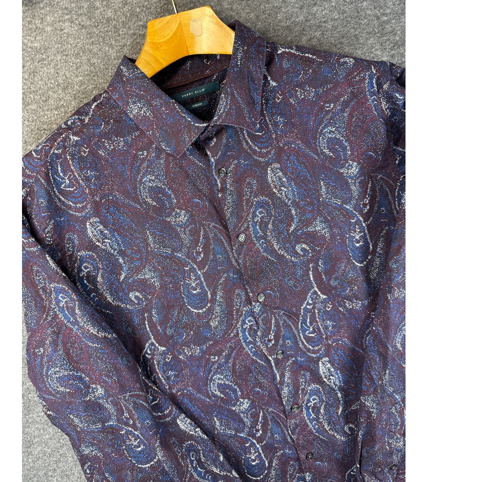 Perry Ellis Burgundy Paisley Stretch Dress Shirt Mens Size 2xlt Tall Hipster Euc
